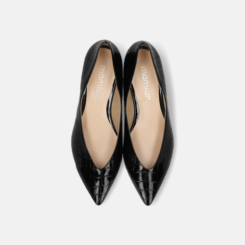 予約：メタルアクセント Vカットフラットシューズ（m17067）ブラックCR